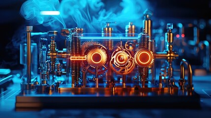 Poster - Futuristic machinery with glowing parts and steam, modern and high-tech aesthetics.