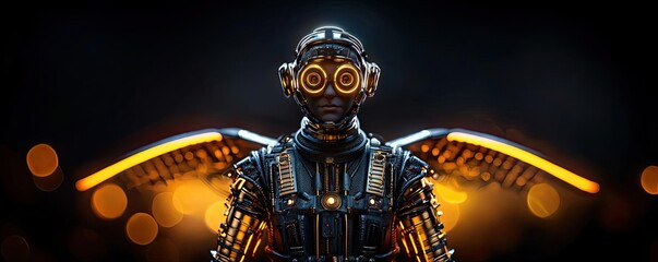 Poster - Futuristic robot with glowing eyes and mechanical wings, against a dark background.