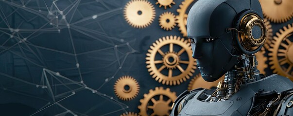 Aufkleber - Robotic figure with gears and abstract technology background.