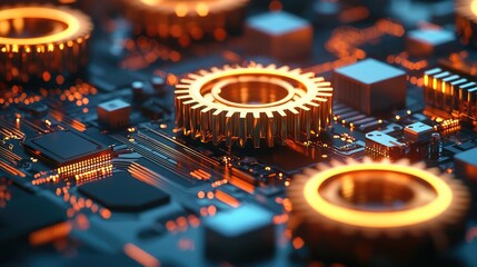 Poster - Close-up of mechanical gears on a circuit board with glowing orange accents.