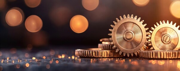 Poster - Bronze gears on a sparkling surface with bokeh background, showcasing craftsmanship.