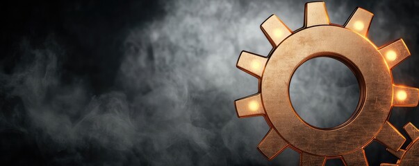 Poster - Glowing gear surrounded by mist, industrial background.