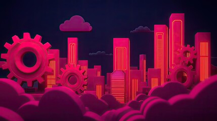 Poster - Futuristic cityscape with gears and clouds, vibrant pink and dark background.