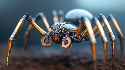 Poster - Futuristic robotic spider with metallic features on a blurred background.