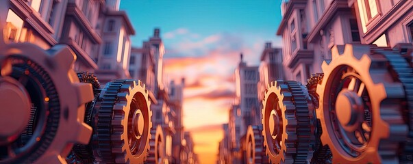 Aufkleber - Gears and buildings against a colorful sunset background, showcasing industry.