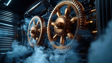 Poster - Close-up of intricate golden gears in a smoky mechanical environment.