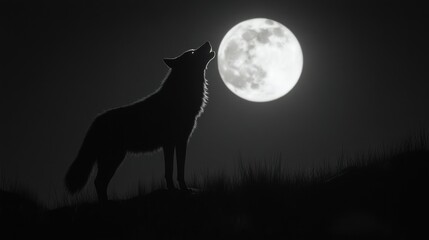  A lone wolf howling at the moon, its silhouette stark against a black night sky