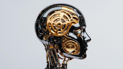 Poster - Futuristic robot head with intricate gears on a white isolated background.