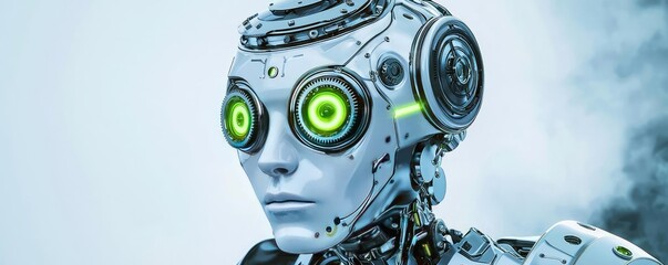 Aufkleber - Futuristic robot with green eyes against a light background