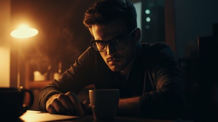 Wall Mural - Focused man in glasses working late at a desk with a cup of coffee dimly lit office background with neutral colors minimalist style