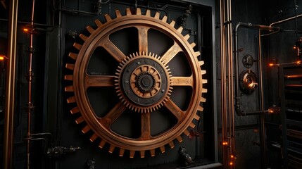 Poster - Large bronze gear against a dark background with industrial features.
