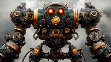 Poster - Mechanical robot with glowing eyes and intricate steampunk design.