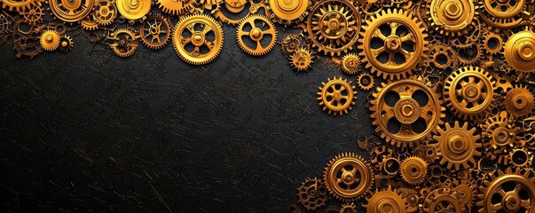 Poster - Golden gears on dark background, intricate design, ideal for technology themes.