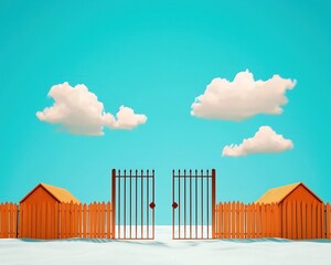 A blue sky with two houses and a fence in the background