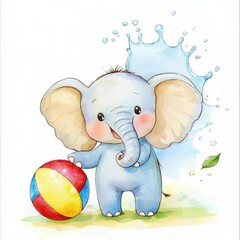 watercolor illustration clipart of a baby elephant playing with a beach ball near a splash of water,