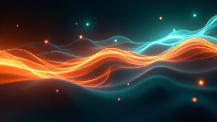 Poster - An abstract digital art piece depicting flowing orange and teal waves with glowing particles, creating a sense of movement and dynamism, suitable for technology and design projects.