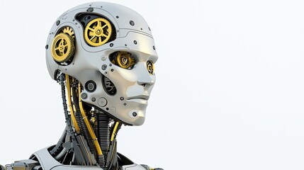 Poster - Futuristic robot head with mechanical features, isolated on white background.