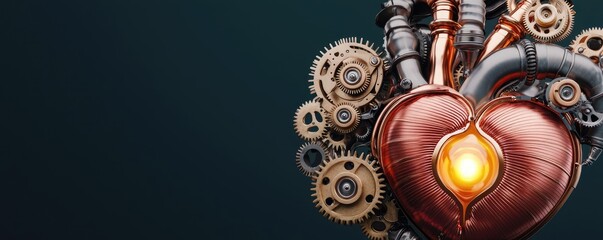 Poster - Mechanical heart with gears, glowing center, dark background.