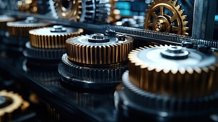 Poster - Close-up of intricate gears and cogs in a mechanical setting, showcasing engineering details.