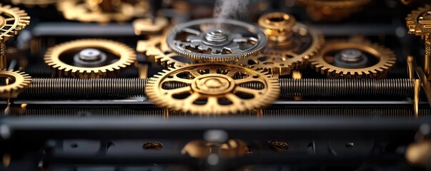 Poster - Close-up of intricate golden gears, showcasing mechanical precision, white isolate background.