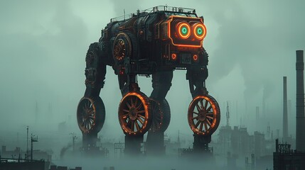 Poster - Futuristic robot stands tall in a foggy industrial landscape