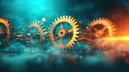 Poster - Golden gears in motion against a smoky, colorful background.