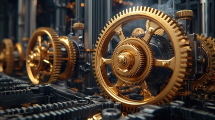 Poster - Intricate golden gears and machinery in a close-up view, showcasing industrial design.