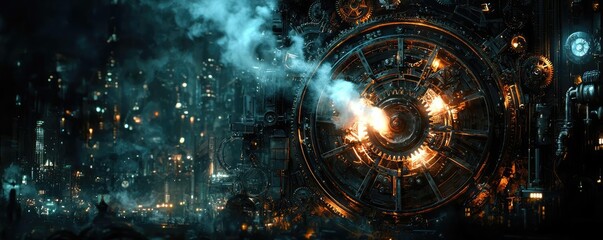 Poster - Futuristic city scene with glowing machinery and smoky atmosphere.