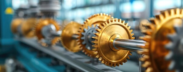 Poster - Golden gears in a modern factory setting, showcasing mechanical precision.