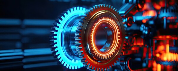 Poster - Close-up of futuristic gears with blue and orange lighting effects, machine background.