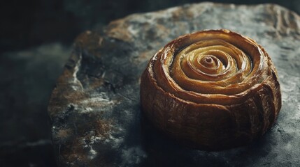 Sticker - Deliciously Baked Golden Cinnamon Roll on a Textured Stone Surface with Soft Lighting Highlighting the Swirls and Layers of Pastry