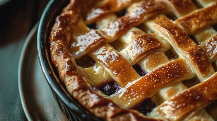 Sticker - Freshly Baked Blueberry Pie with Flaky Crust Topped with Sugar Glaze on a Dark Wooden Table, Perfect for Dessert Lovers and Culinary Photography