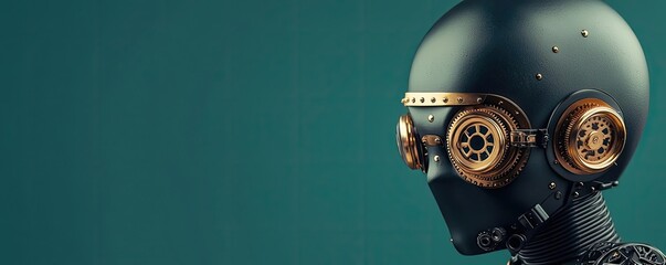 Poster - Futuristic robot head with steampunk goggles on a green backdrop.