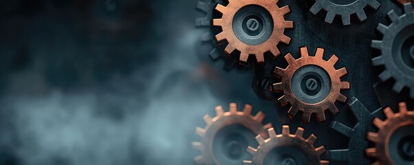 Poster - Rusty gears with smoke in a dark industrial background.