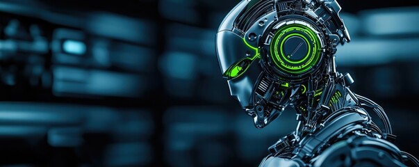 Poster - Futuristic robot with green accents on a dark background.