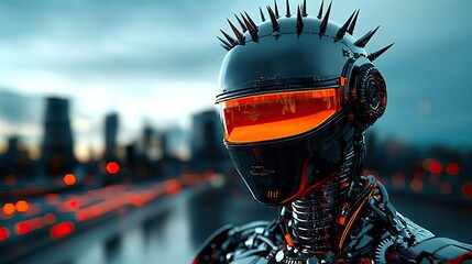 Poster - Futuristic robot with spiked features and glowing visor against a city backdrop.