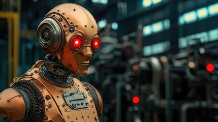 Poster - Futuristic robot with glowing eyes in a modern industrial setting.