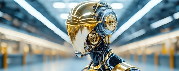 Poster - Futuristic robot with sleek design and golden accents, isolated on white background.