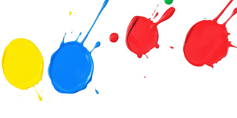 Poster - Dynamic paint splatters in vibrant colors, creating an artistic expression of motion and creativity against a clean white backdrop