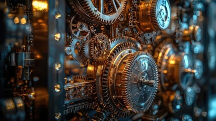 Poster - Intricate clock gears and mechanisms, metallic gold against a dark background.