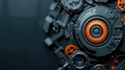 Poster - Close-up of intricate mechanical gears with a modern design and orange accents.