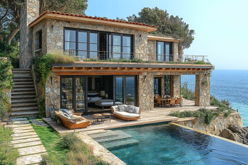 Wall Mural - Luxurious Stone House Overlooking Ocean With Pool