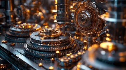 Poster - Intricate machinery with golden gears and cogs, showcasing advanced technology.