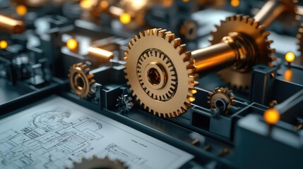 Poster - Close-up of intricate golden gears and machine components in a mechanical setting.