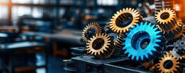Poster - Close-up of colorful gears in a workshop with industrial background.