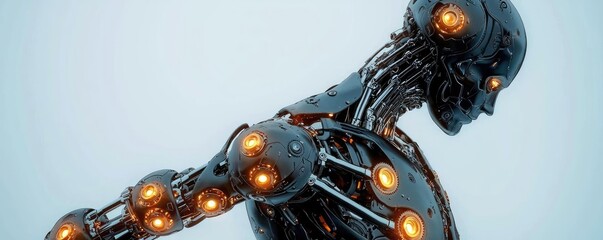 Poster - Futuristic robot design with neon lights on a white isolated background.
