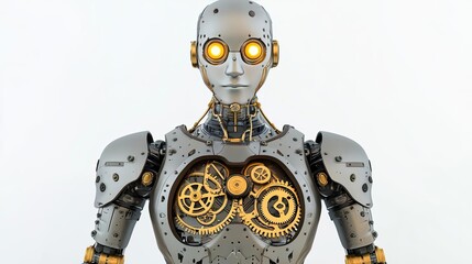 Poster - Futuristic robot with glowing eyes and exposed gears on white isolated background.