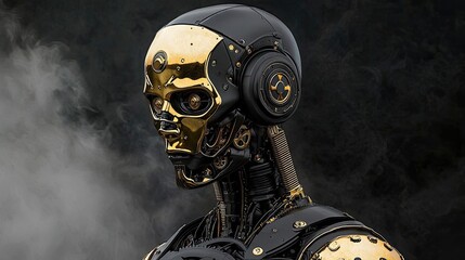 Poster - Robotic skull design with intricate detailing against a dark background