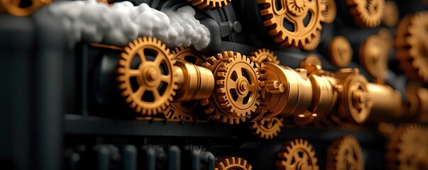 Poster - Golden gears and machinery in a close-up view, showcasing industrial design.