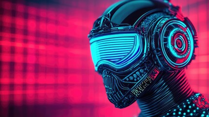 Poster - Futuristic robotic head with neon lights, vibrant background, modern design.